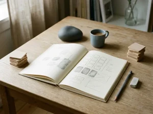 Åben notesbog med neutrale diagrammer, blyant og små stablede brikker