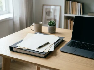 Dokumentmappe og papirark på et lyst skrivebord med pen og bærbar computer