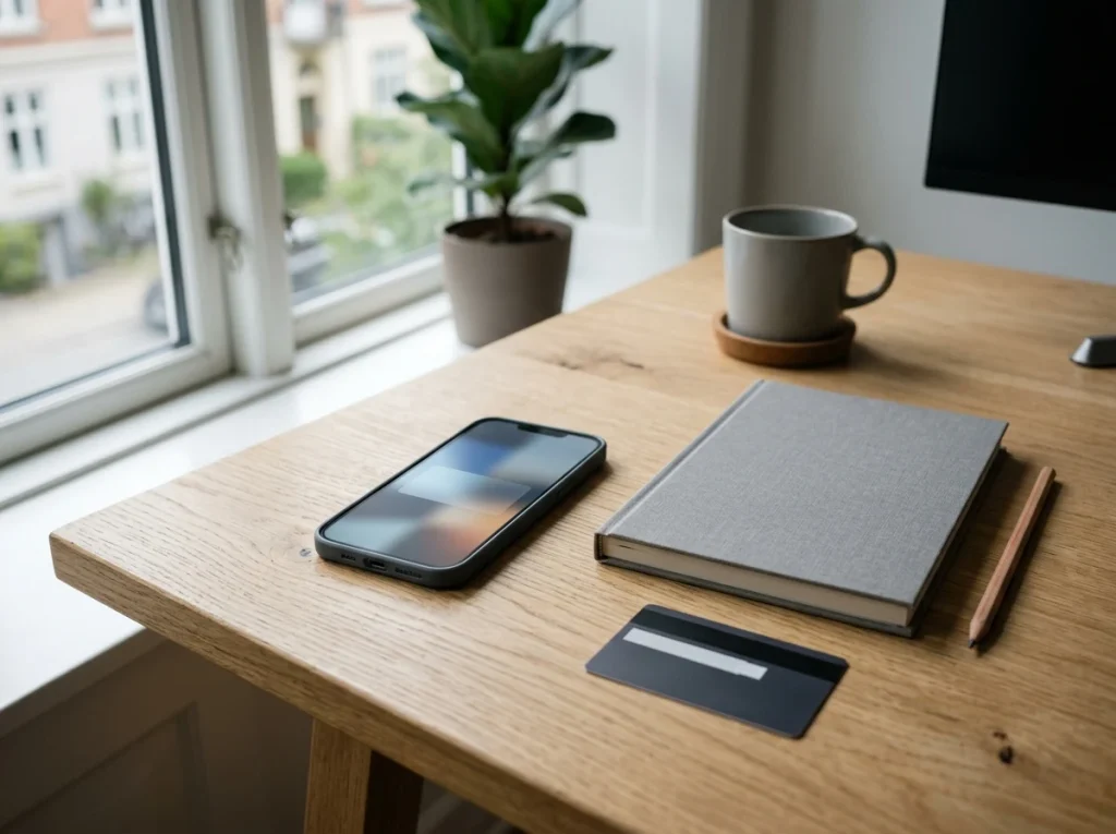 Mobiltelefon ved siden af notesbog, kort og blyant på et lyst skrivebord