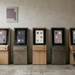 Række af abstrakte spilleautomatfelter med hjulsymboler i et afdæmpet rum