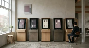 Række af abstrakte spilleautomatfelter med hjulsymboler i et afdæmpet rum