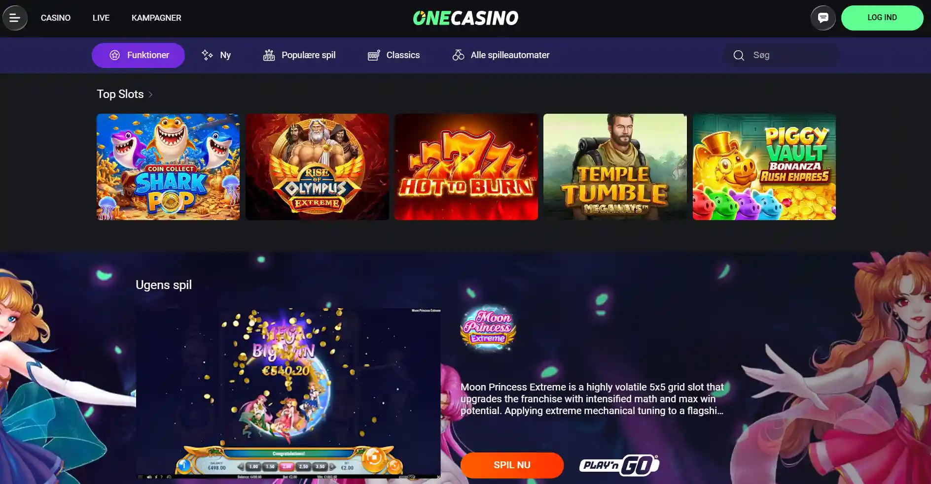 Spilleoversigt med spilbilleder fra OneCasinos danske katalog